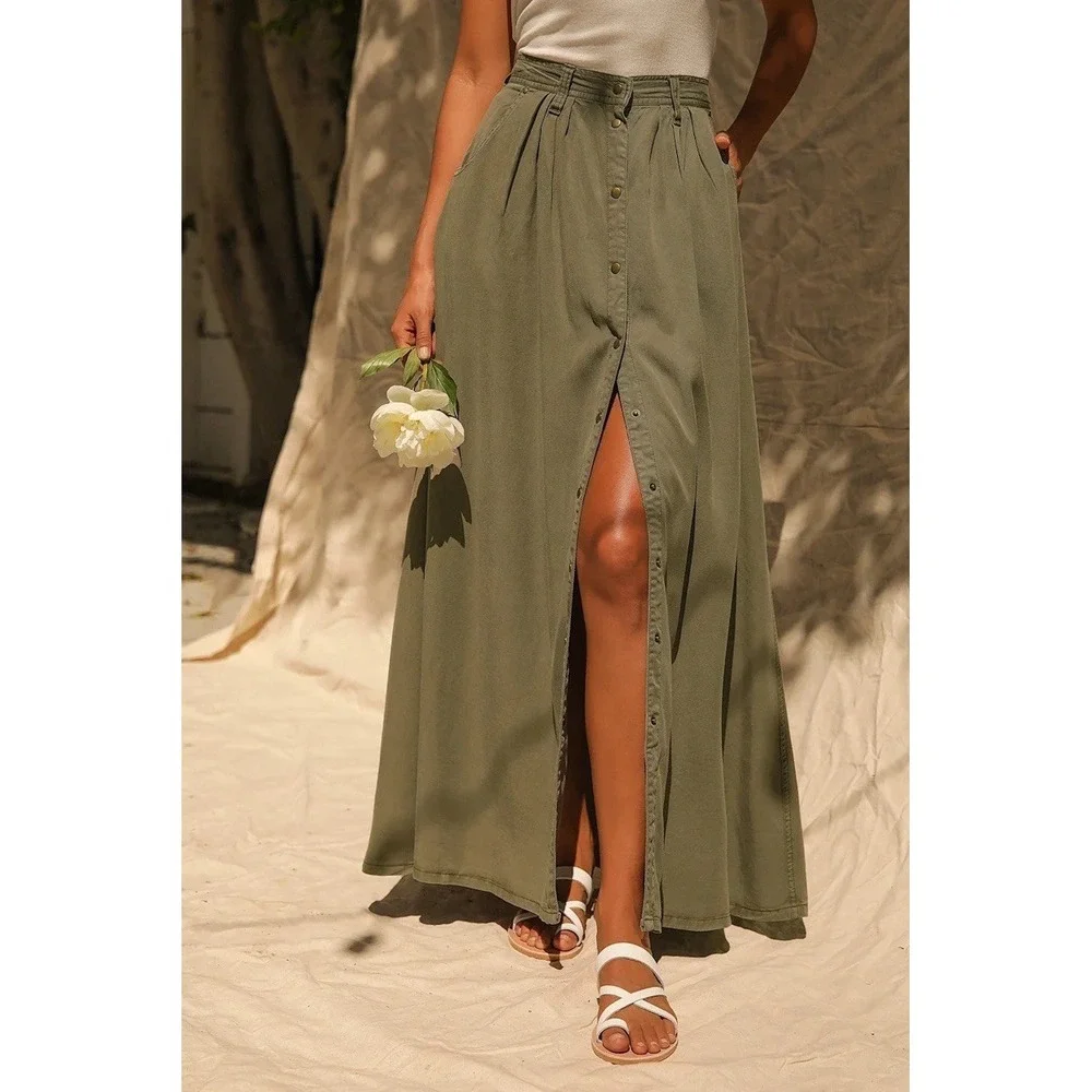 Pistola Maxi Skirt Button Front Womens Size S Olive Green High Waist Boho NEW